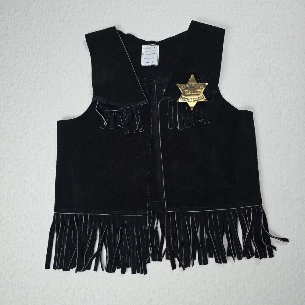 JR Palacios Black Suede Leather Vest Western Cowboy Fringe Costume Large Marshal